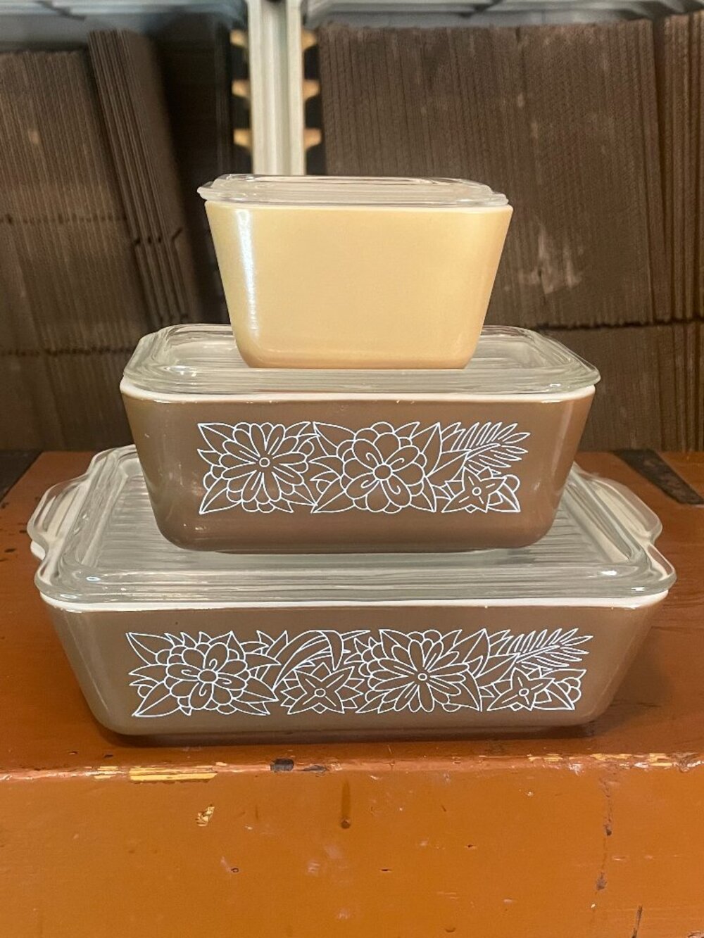 PYREX Vintage Woodland Brown Set of THREE Refrigerator Baking Dishes With Lids